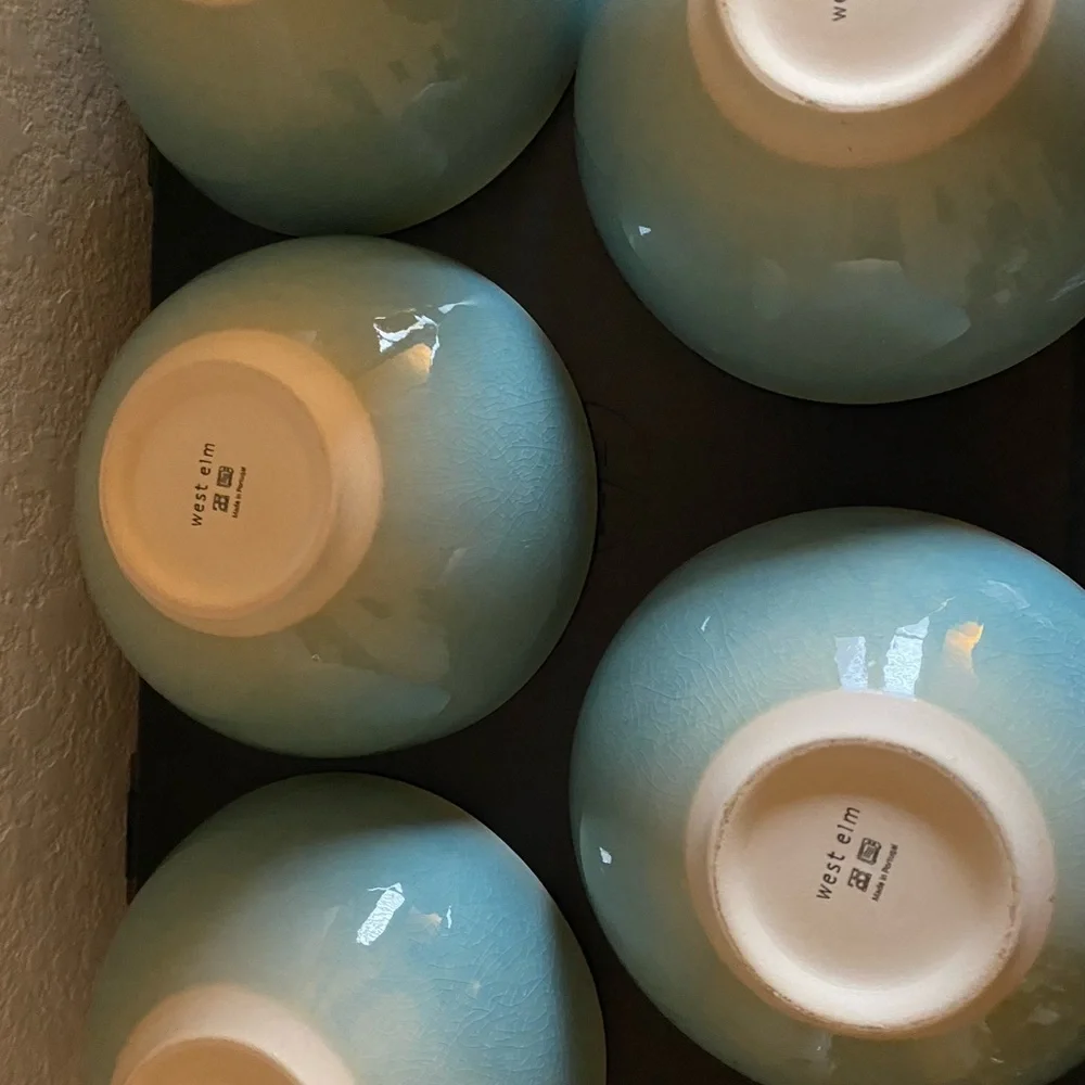 5 West Elm Light Blue Organic Alta Reactive Crackle Finish Soup Cereal Bowls